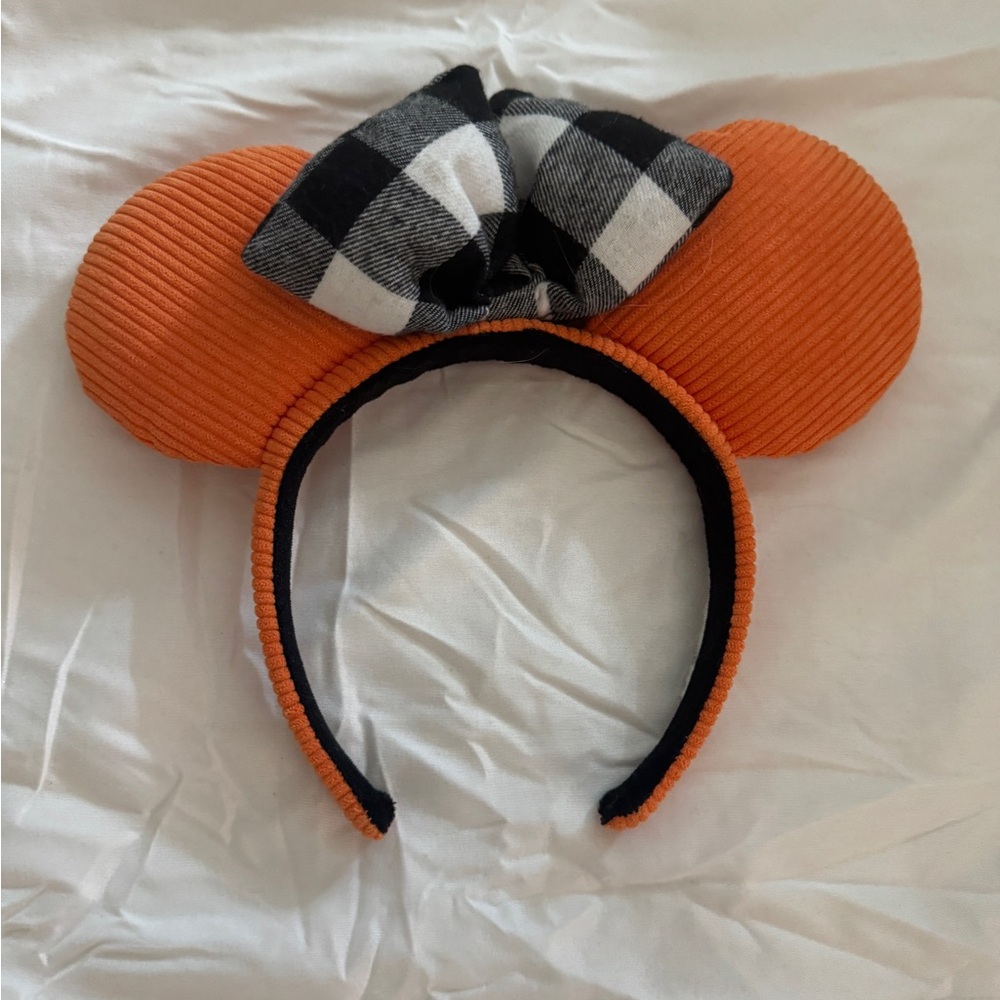 Disney Parks Orange Corduroy Minnie Ears Buffalo Plaid Flannel Bow Headband